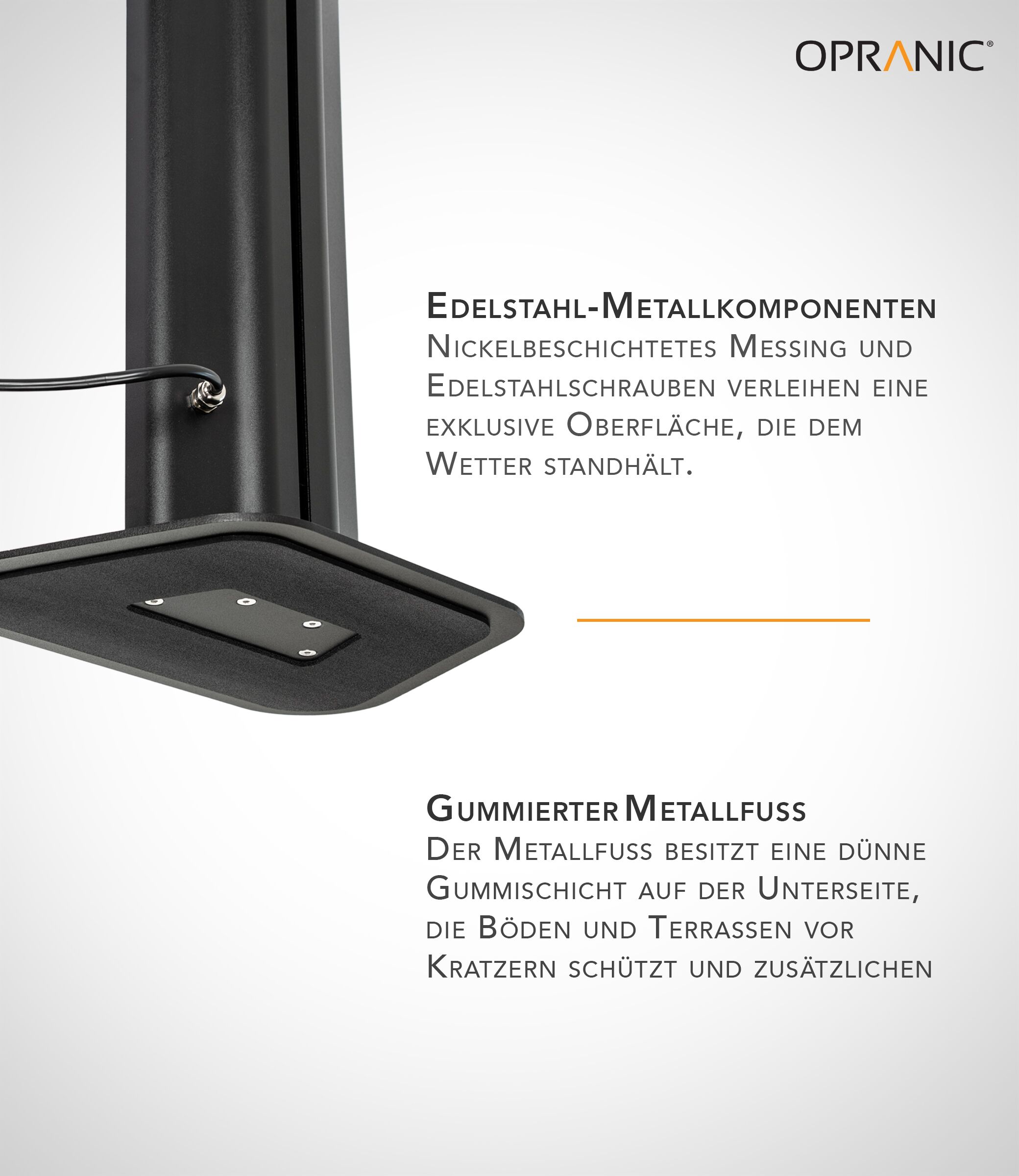 Detail der Opranic Thor S70 Infrarotheizung mit Edelstahlmetallkomponenten und gummigeschützter Basis.