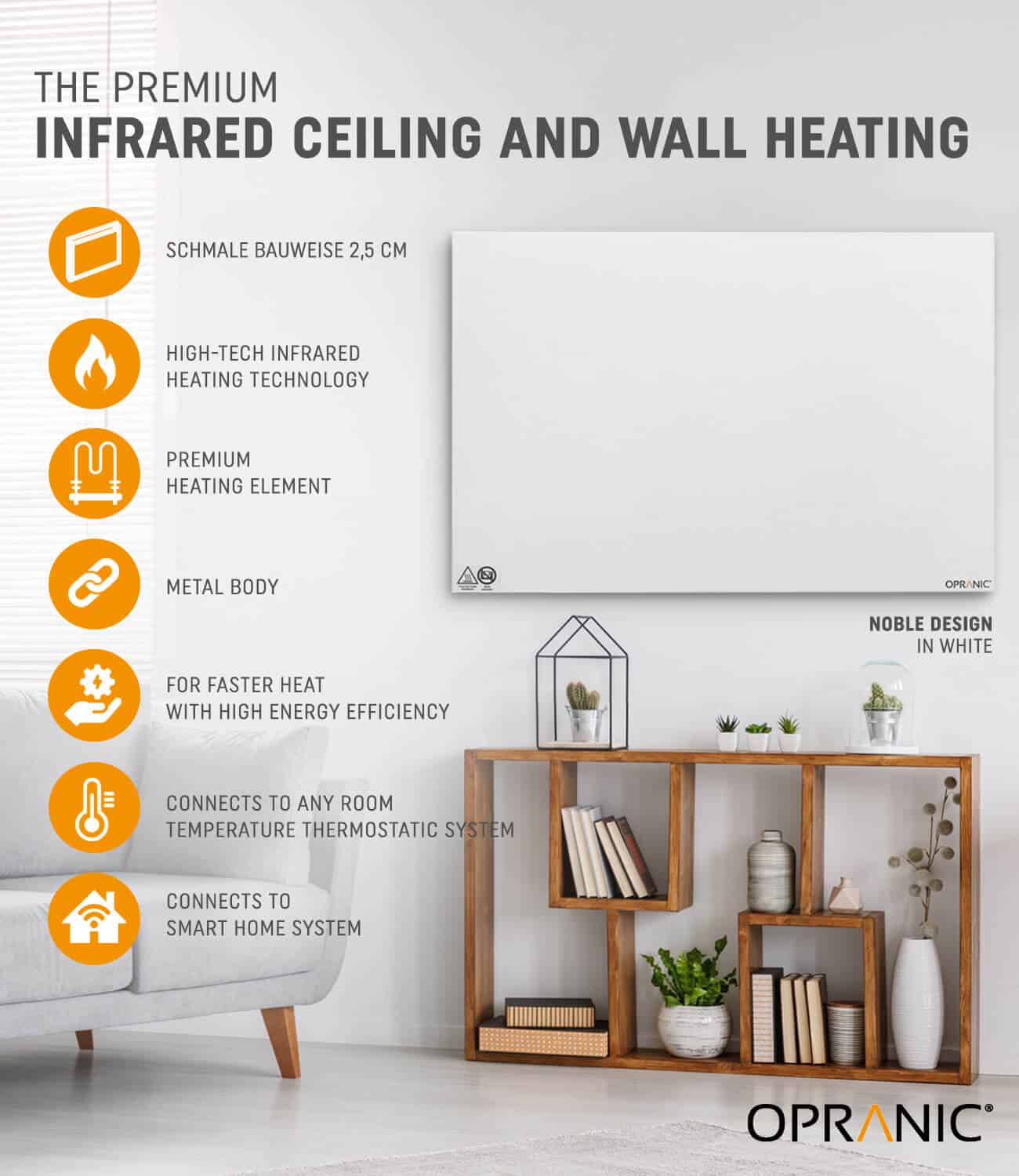 Opranic P5 Infrared Heater mounted on a wall.