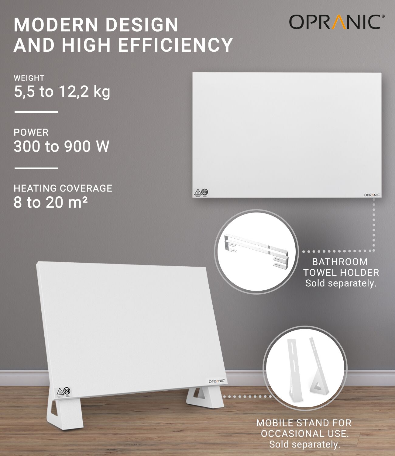 Opranic P5 infravärmepanel i vitt, 300 till 900 W, vägg- eller takmonterad, med handdukshållare och mobilt ställ som tillval.