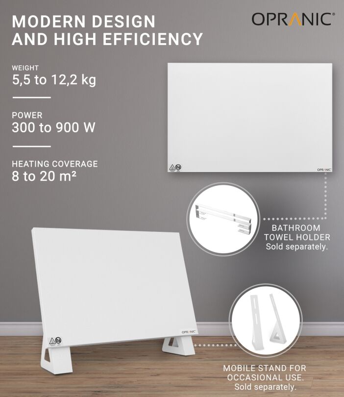 Opranic P5 infravärmepanel i vitt, 300 till 900 W, vägg- eller takmonterad, med handdukshållare och mobilt ställ som tillval.