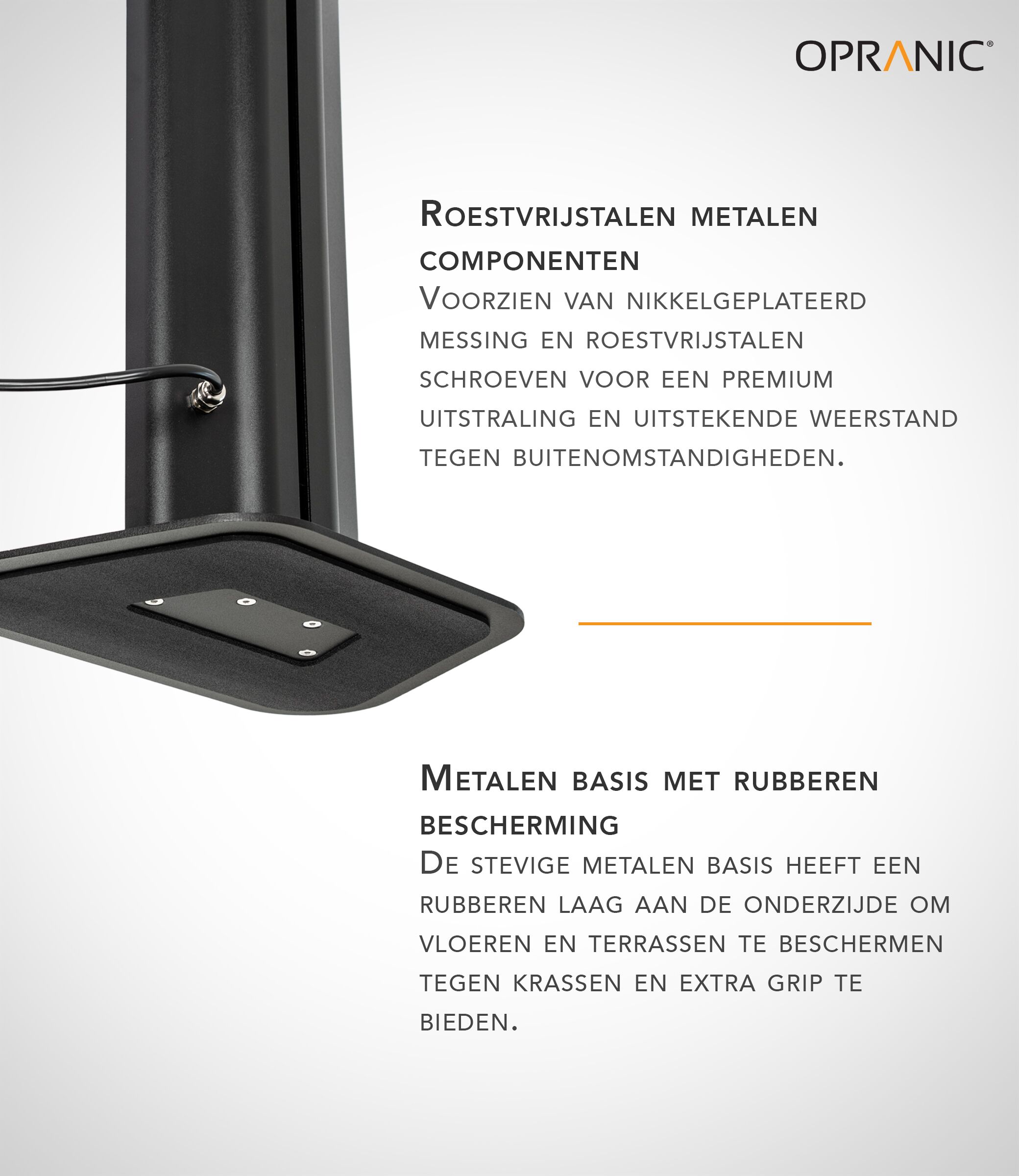 Detail van de Opranic Thor S70 infraroodverwarmer met roestvrijstalen componenten en rubberen beschermde basis.