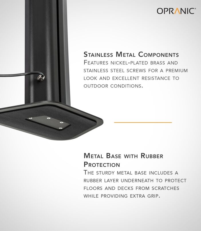 Detail of the Opranic Thor S70 infrared heater showing stainless metal components and rubber-protected base.
