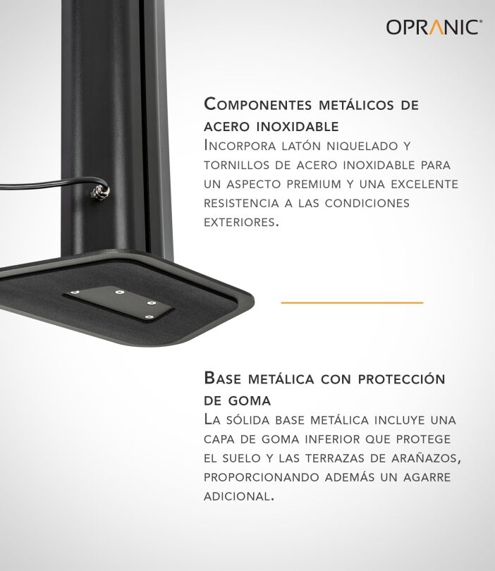 Detalle del calefactor infrarrojo Opranic Thor S70 que muestra los componentes de metal inoxidable y la base protegida con goma.
