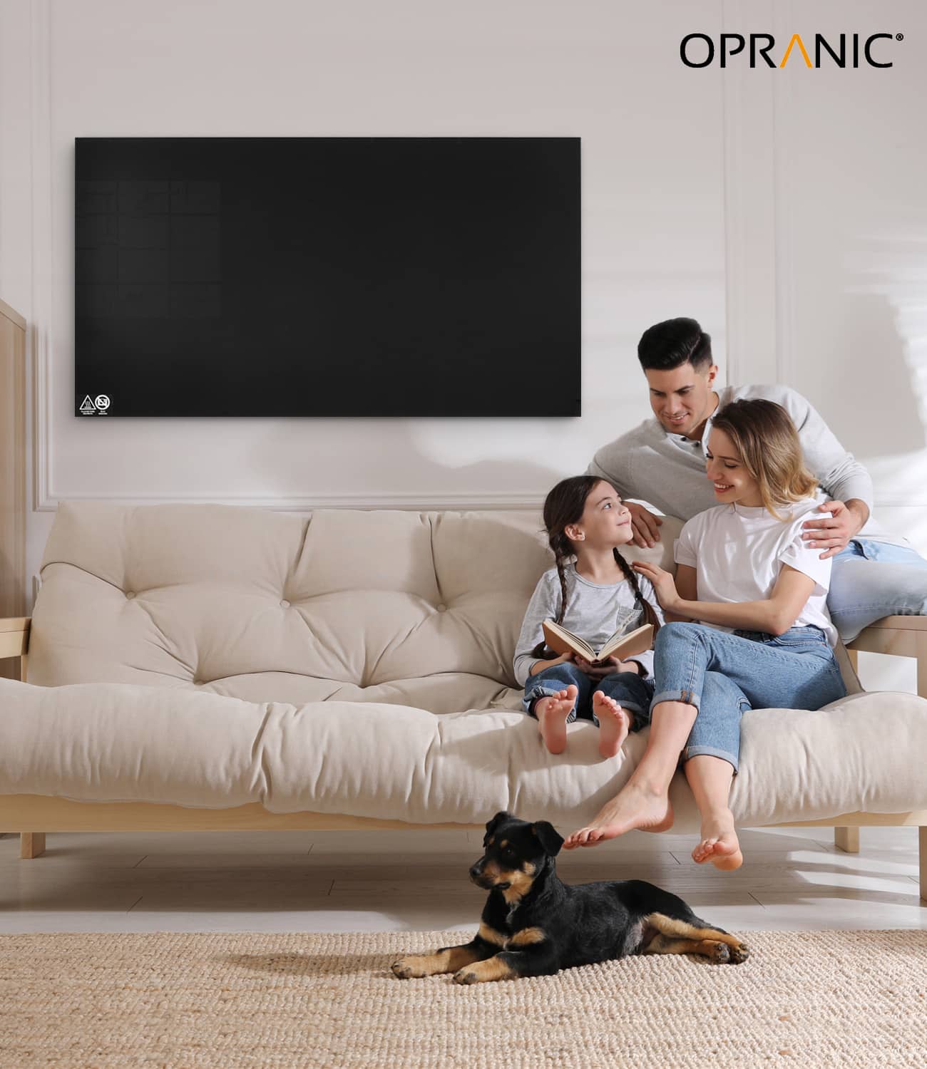 Sleek black Opranic P7-Series Glass Infrared Heater mounted on a wall.