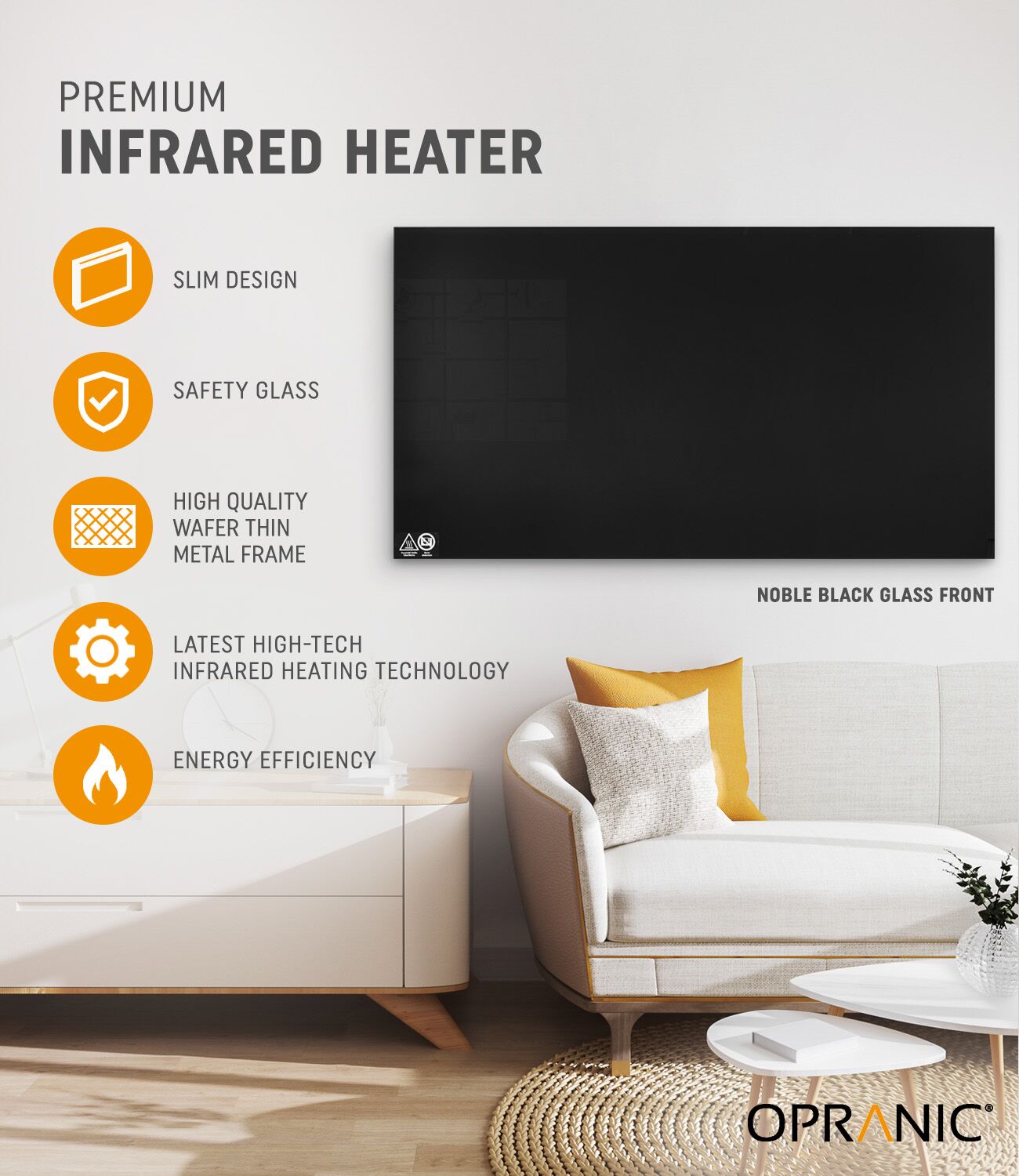 Opranic P7 Glass infravärmepanel 450W vit med härdat glas väggmonterad ultratunn 2,5 cm IP44