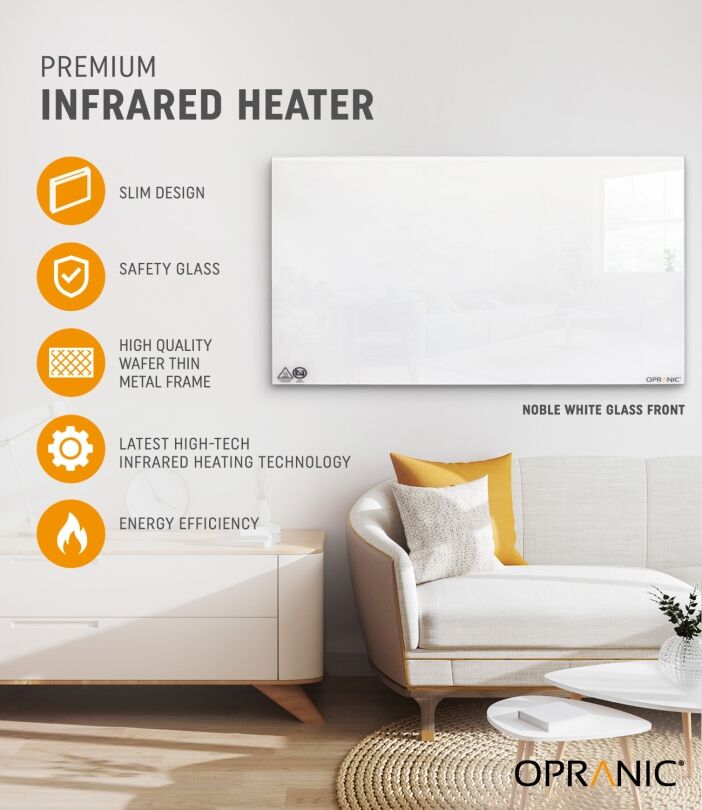 Opranic P7 Glass infravärmepanel 450W svart med härdat glas väggmonterad ultratunn 2,5 cm IP44