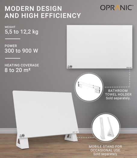 Opranic P5 infravärmepanel i vitt, 300 till 900 W, vägg- eller takmonterad, med handdukshållare och mobilt ställ som tillval.