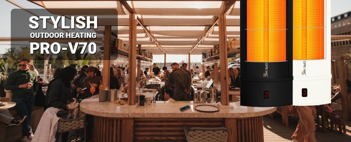 Outdoor infrared heater Pro-V70 installed at a restaurant terrace.